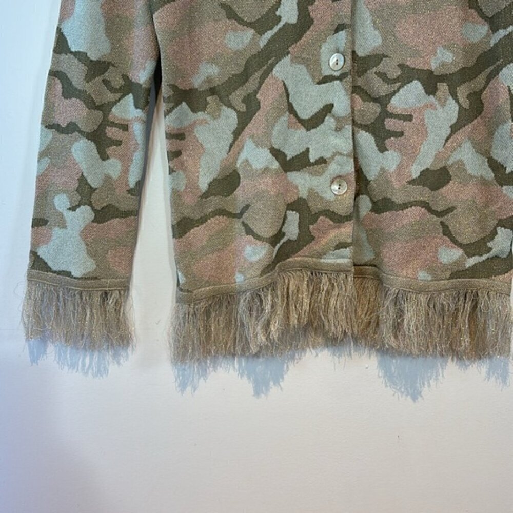 Gabby Isabella Camo Print Metallic Fringed Cardigan Size Small - Picture 5 of 11